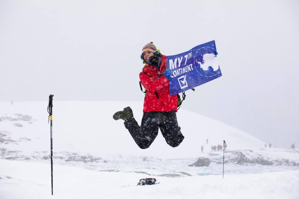 Jess jumping on her visit to Antarctica - the 7th Continent